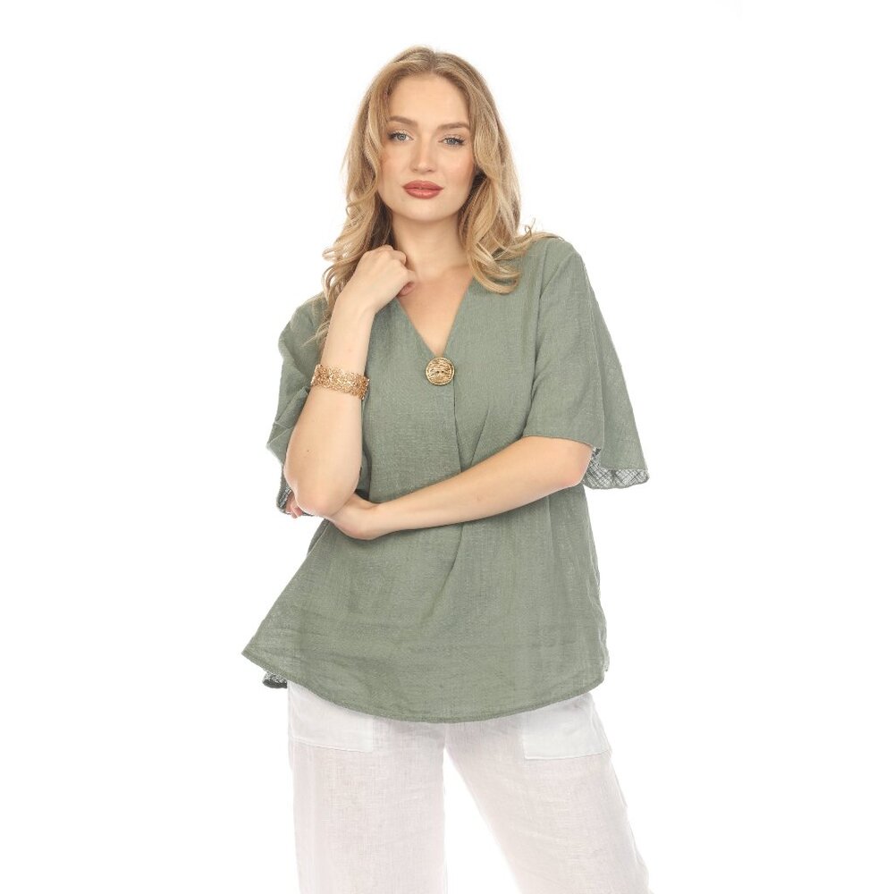 Olive V Neck Plain Top With Bell Sleeves
